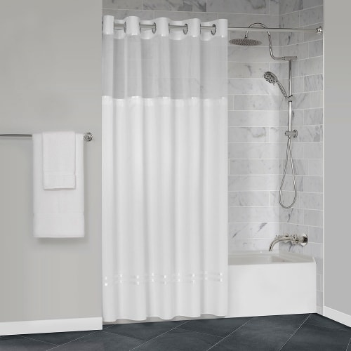 Protect360° Satin Ribbon Shower Curtain, Snap-in Liner, Hook Free, Antimicrobial, 71x77, White/White